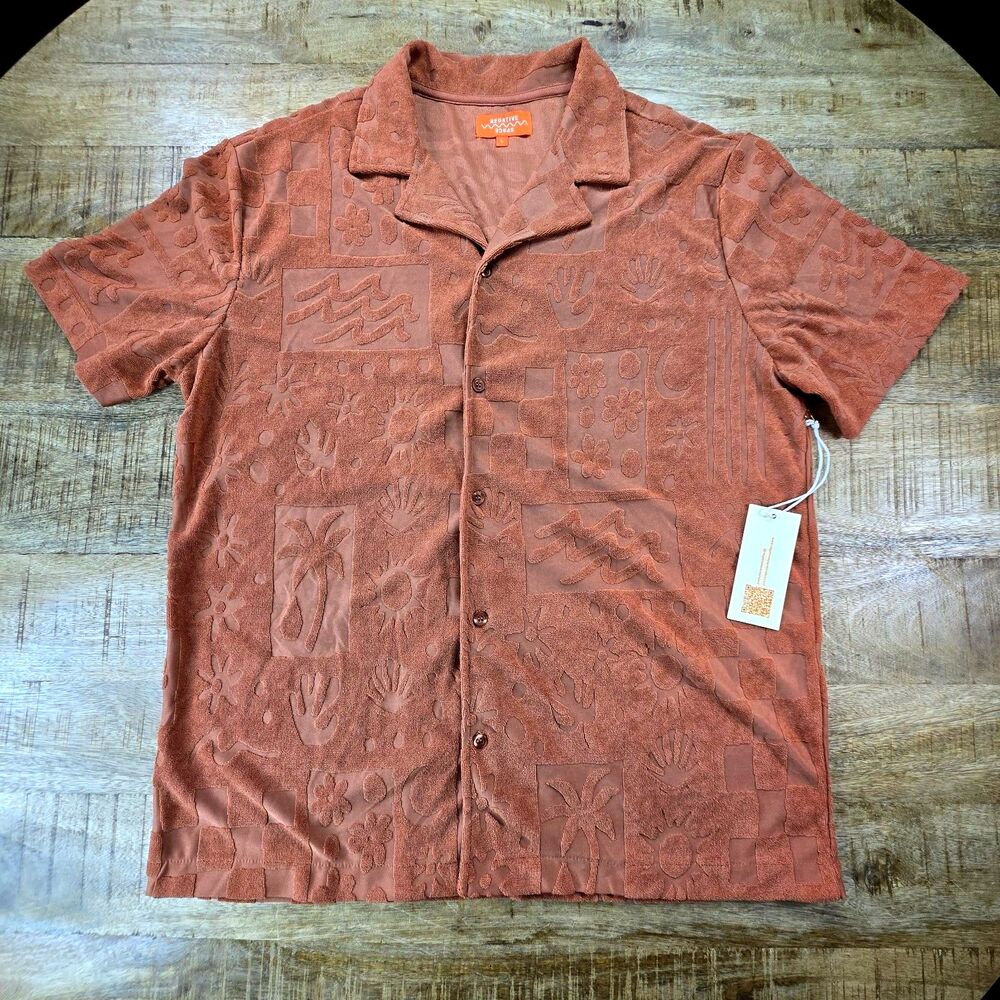 Negative Space Orange Terrycloth Hawaiian Shirt Men’s L Retro Beach Palm NWT